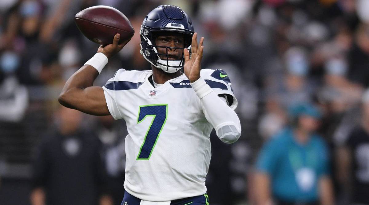 Aug 14, 2021; Paradise, Nevada, USA; Seattle Seahawks quarterback Geno Smith (7) throws a pass during the first quarter against the Las Vegas Raiders at Allegiant Stadium.